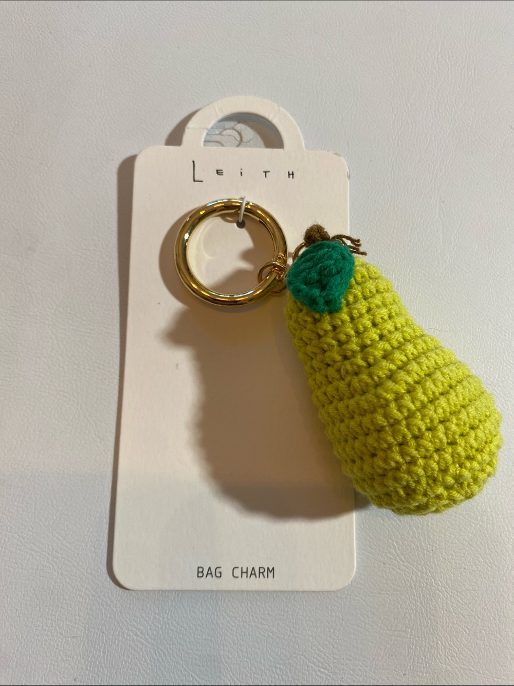 Leith Bright Green Crocheted Pear Key & Bag Charm with Gold Ring